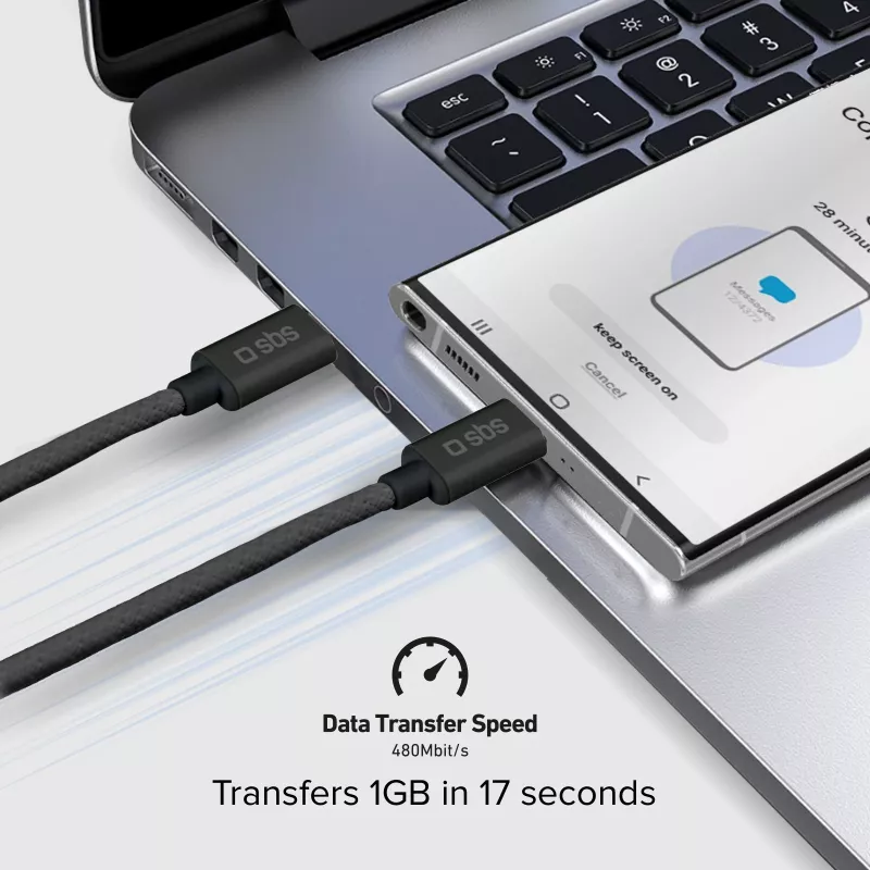 SBS TECABLETISSUETCCK Cabo USB-C para USB-C trançado 1,5 m 60 W PD carregamento rápido e sincronização de dados - Preto