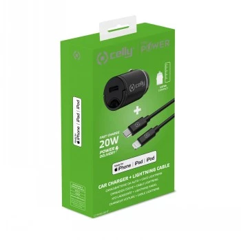 CELLY CCMINILIGHT – carregador de carro USB-C + cabo USB-C para Lightning 20W [PRO POWER]