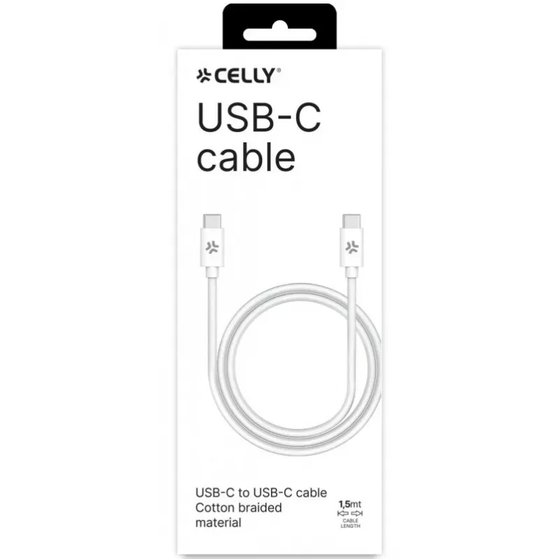 CELLY USBCUSBCCOTT - cabo USB-C para USB-C em algodão trançado branco (Power Delivery)