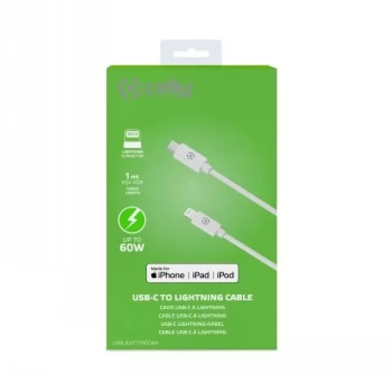 Cabo CELLY Lightning para USB-C 60W - 1,2m branco certificado MFi