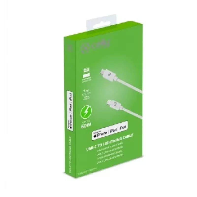 Cabo CELLY Lightning para USB-C 60W - 1,2m branco certificado MFi