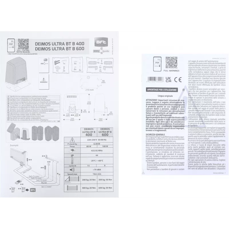 BFT DEIMOS ULTRA BT B400 EE KIT motor de portão de correr para portões até 400 kg