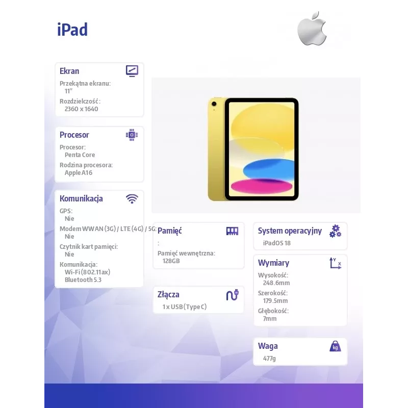 Apple iPad 10.9 11.ª Geração (2025) 128GB WiFi - Amarelo