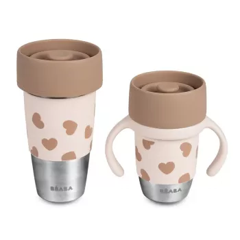 Conjunto de copos em aço inoxidável Beaba Mini & Me BigLove para mãe e filho, copo de treino 360° 2 peças