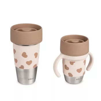 Conjunto de copos em aço inoxidável Beaba Mini & Me BigLove para mãe e filho, copo de treino 360° 2 peças