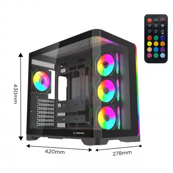 Caixa de PC Gaming Mid Tower Rampage LYRON, 7x ventoinhas ARGB PWM, vidro temperado, Preto