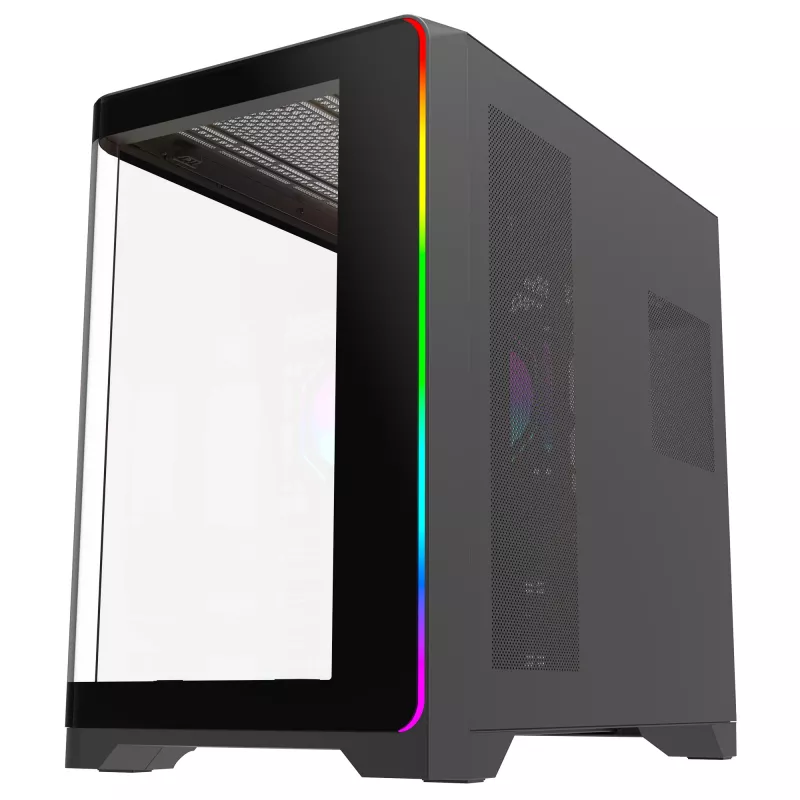 Caixa de PC Gaming Mid Tower Rampage LYRON, 7x ventoinhas ARGB PWM, vidro temperado, Preto