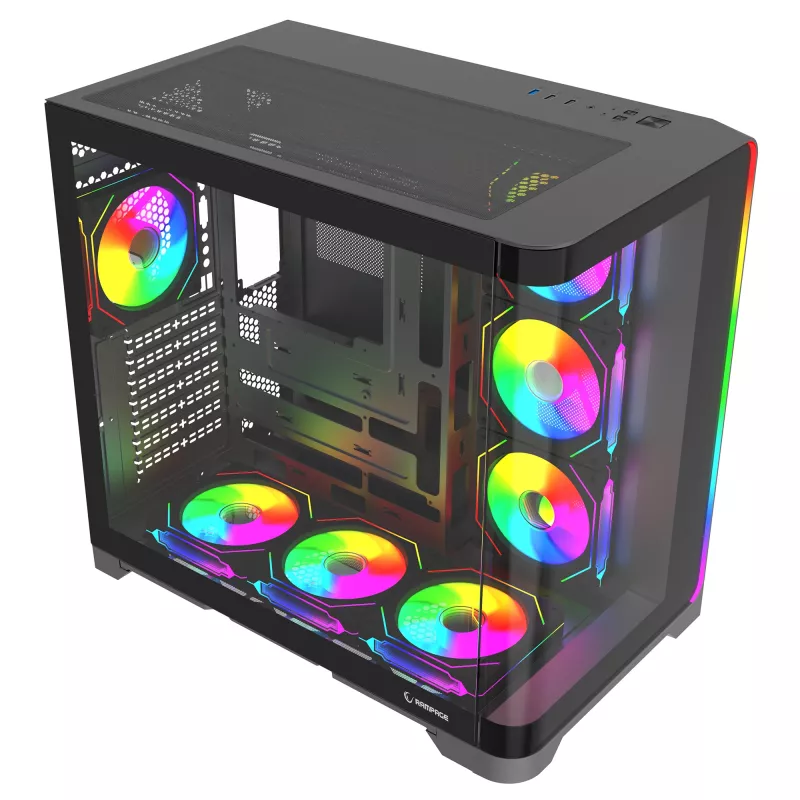 Caixa de PC Gaming Mid Tower Rampage LYRON, 7x ventoinhas ARGB PWM, vidro temperado, Preto