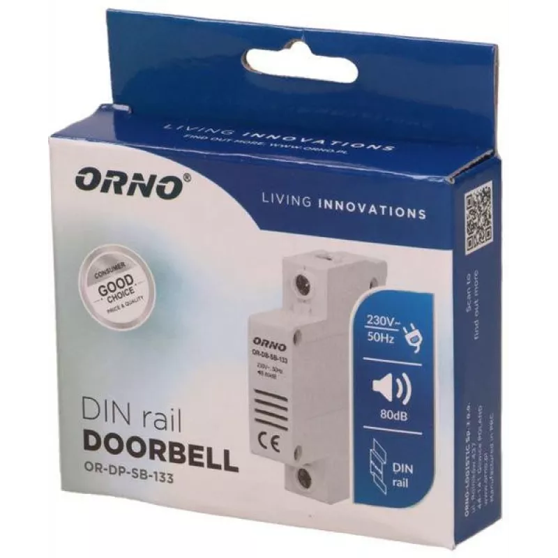 Campainha com fios ORNO OR-DP-SB-133, calha DIN 1 módulo, 230V AC, 85 dB, Branco/Cinzento