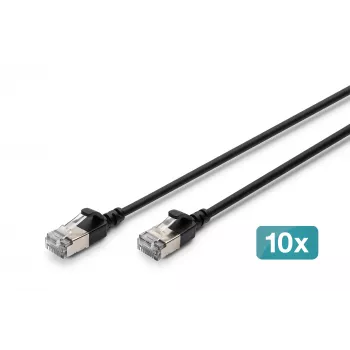 DIGITUS Cabo de rede Slim Patch CAT 6A F/FTP, 0,3 m, preto, pack de 10, LSZH, 10 Gbit/s, 500 MHz