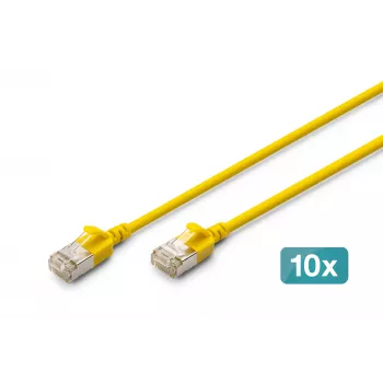 DIGITUS Cabo de rede Slim Patch CAT 6A F-FTP, 0,5 m, amarelo, pack de 10, LSZH, 10Gbps, 500MHz, cobre 28AWG, RJ45 banhado a ouro