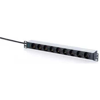 DIGITUS Régua de tomadas Schuko 9 tomadas com perfil de alumínio, montagem em rack 1U, cabo de 2m, 16A, 3680W, preto/prateado