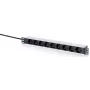 DIGITUS Régua de tomadas Schuko 9 tomadas com perfil de alumínio, montagem em rack 1U, cabo de 2m, 16A, 3680W, preto/prateado
