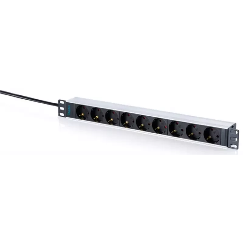 DIGITUS Régua de tomadas Schuko 9 tomadas com perfil de alumínio, montagem em rack 1U, cabo de 2m, 16A, 3680W, preto/prateado