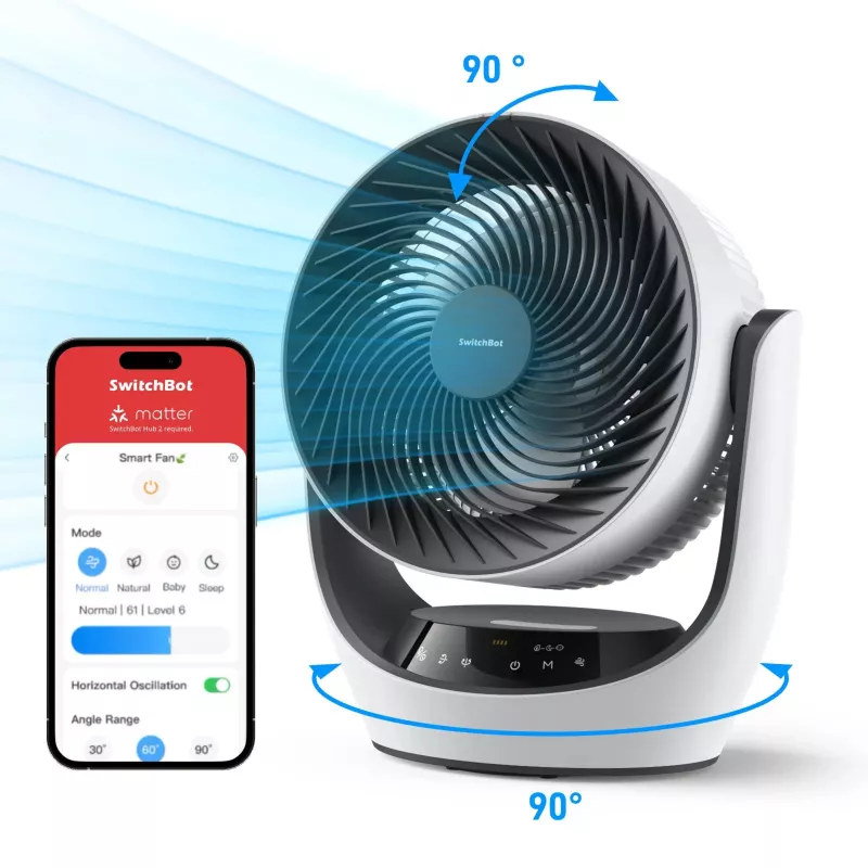Ventilador de circulação inteligente a bateria SwitchBot com 100 níveis de velocidade, oscilação horizontal de 90° e vertical de 100°, Bluetooth e Wi-Fi (requer hub), Branco