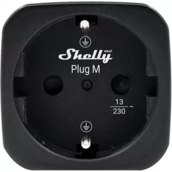 Tomada inteligente Shelly Plug M Gen3 preta com monitorização de energia, 13A, Wi-Fi e Bluetooth