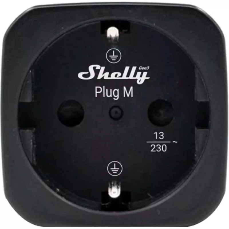 Tomada inteligente Shelly Plug M Gen3 preta com monitorização de energia, 13A, Wi-Fi e Bluetooth