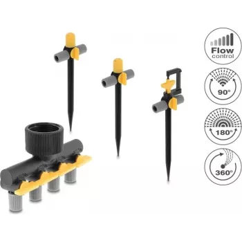 Conjunto de conectores em T para aspersores Delock com bicos de 90°, 180° e 360° + distribuidor de 4 vias