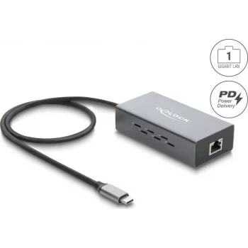 Adaptador de rede USB Type-C Delock Gigabit Ethernet com RJ45 PoE e USB Power Delivery