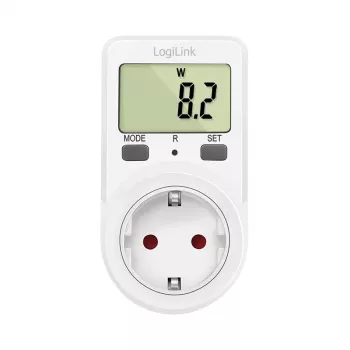 LogiLink Medidor de consumo energético, ecrã LCD de 1,5 polegadas, tarifa única, ficha Schuko, branco
