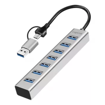 LogiLink Hub USB 3.0 7x USB-A cabo de ligação 2-em-1 prateado