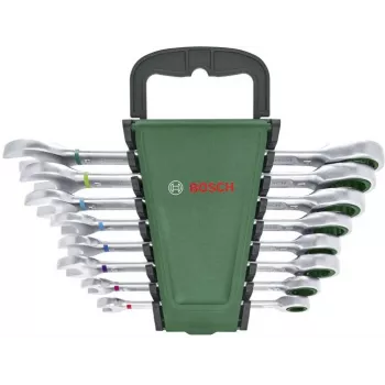 Bosch Conjunto de 8 chaves de caixa combinadas com catraca reversível de 72 dentes, cromo-vanádio, métrico 8-19 mm, mala verde/preto