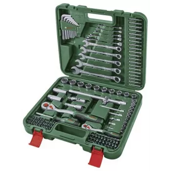 BOSCH POWERTOOLS Conjunto de ferramentas DIY de 134 peças em mala verde com ferramentas manuais, bits, material de fixação e acessórios