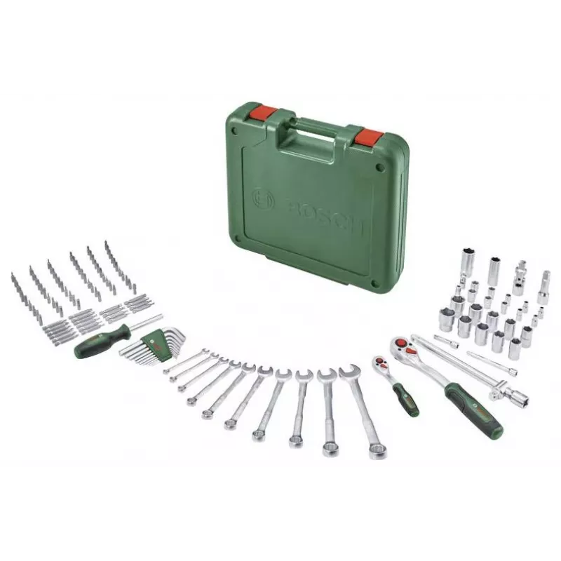 BOSCH POWERTOOLS Conjunto de ferramentas DIY de 134 peças em mala verde com ferramentas manuais, bits, material de fixação e acessórios