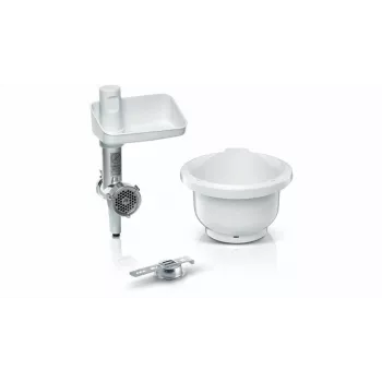 Acessório picador de carne Bosch MUZS2BS para robots de cozinha MUM série 2 e 5 – lâmina em aço inoxidável, disco de 4,5 mm, enchimento de salsichas e acessórios kebbe