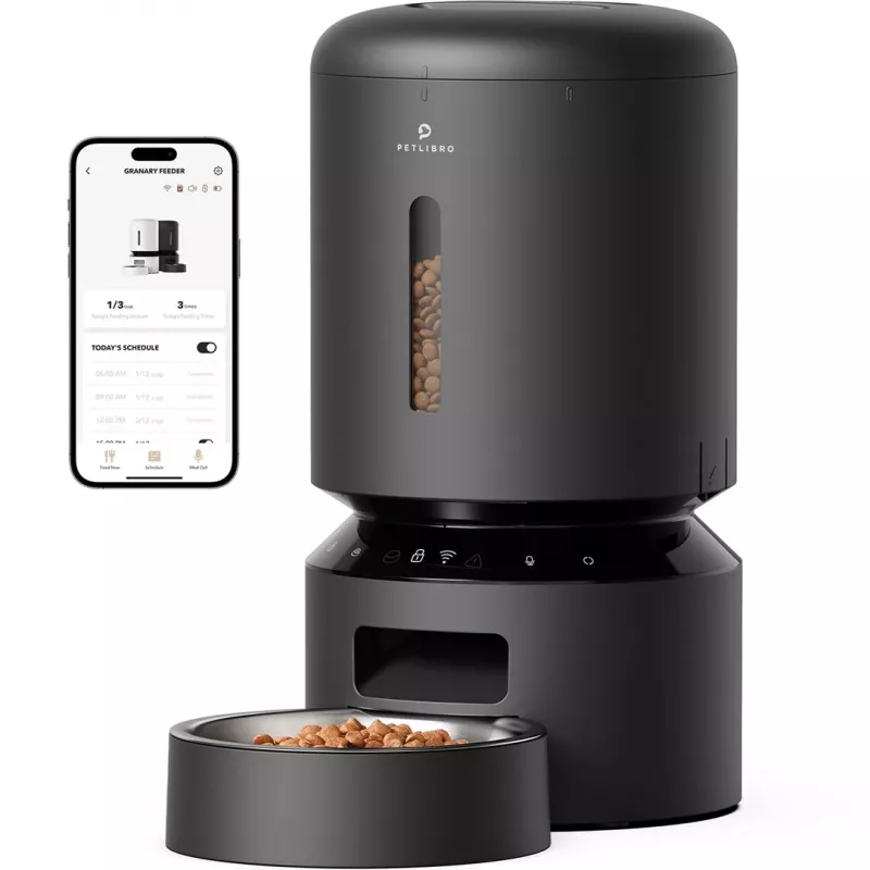 Comedouro automático inteligente PETLIBRO Granary Wi-Fi, 5L, para gatos e cães, controlo por app, 10 refeições/dia, gravação de voz, taça em aço inoxidável, preto