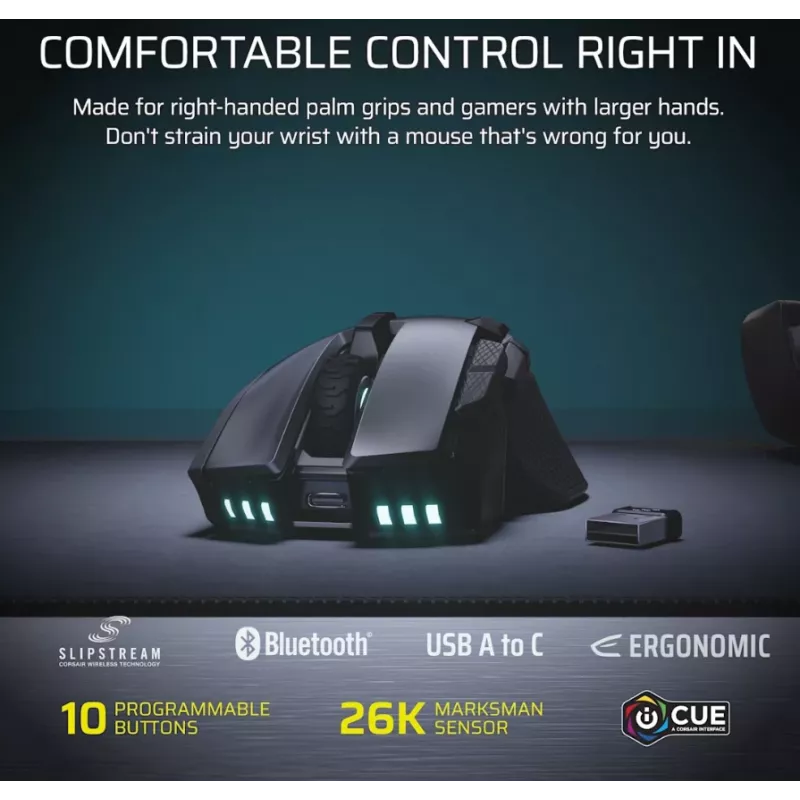 Rato de gaming CORSAIR Ironclaw Wireless SE - 26.000 DPI, ótico, SLIPSTREAM Wireless, Bluetooth, USB, RGB, Preto