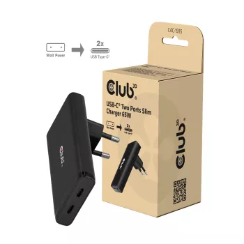 Club 3D CAC-1935 Slim Carregador GaN duplo USB-C de 65W PD 3.1 PPS, Preto