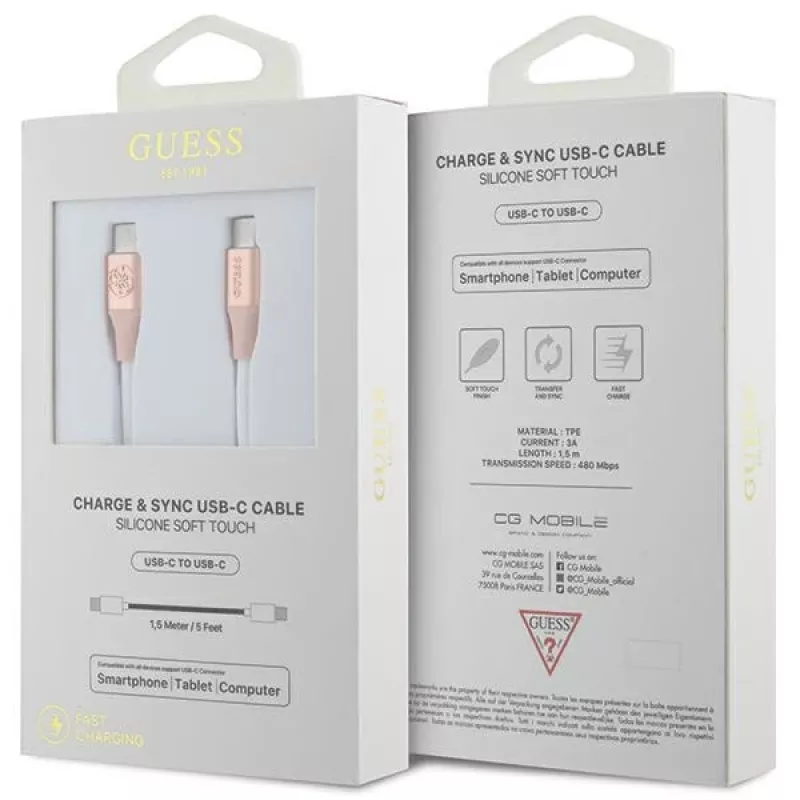Cabo de carregamento rápido USB-C para USB-C GUESS GUCCLALRGDP 1,5 m rosa com logótipo em relevo