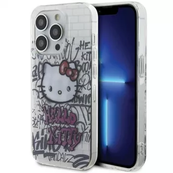 Capa rígida Hello Kitty HKHCP14LHDGPHT para iPhone 14 Pro IML Kitty On Bricks Graffiti - branco
