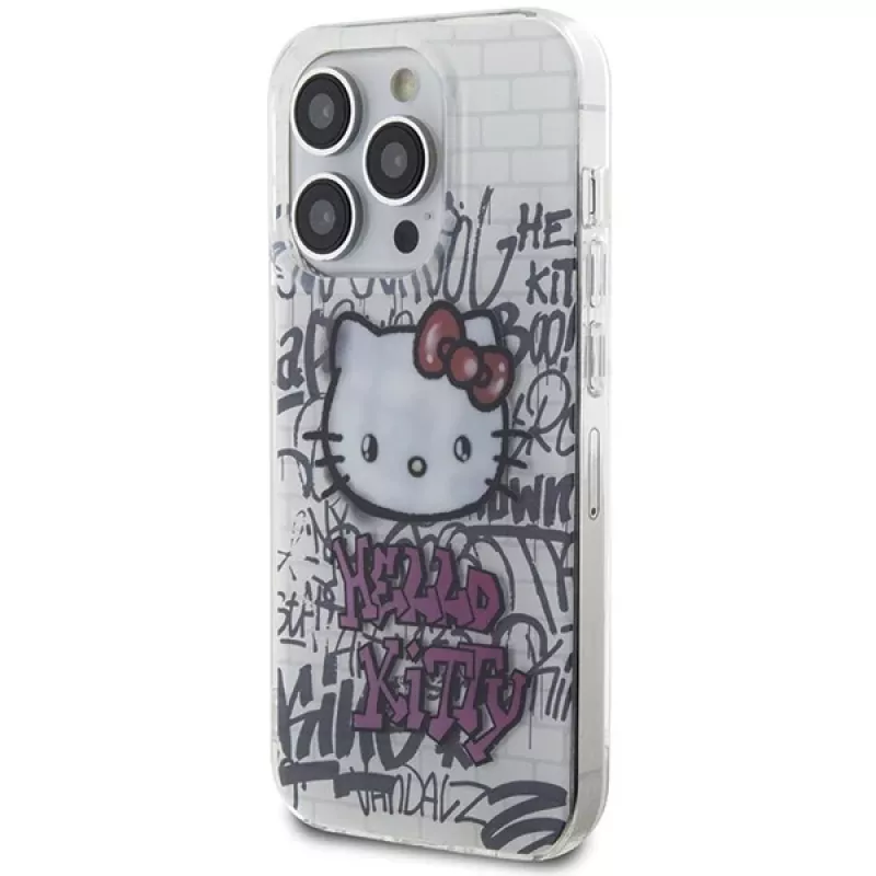 Capa rígida Hello Kitty HKHCP14LHDGPHT para iPhone 14 Pro IML Kitty On Bricks Graffiti - branco