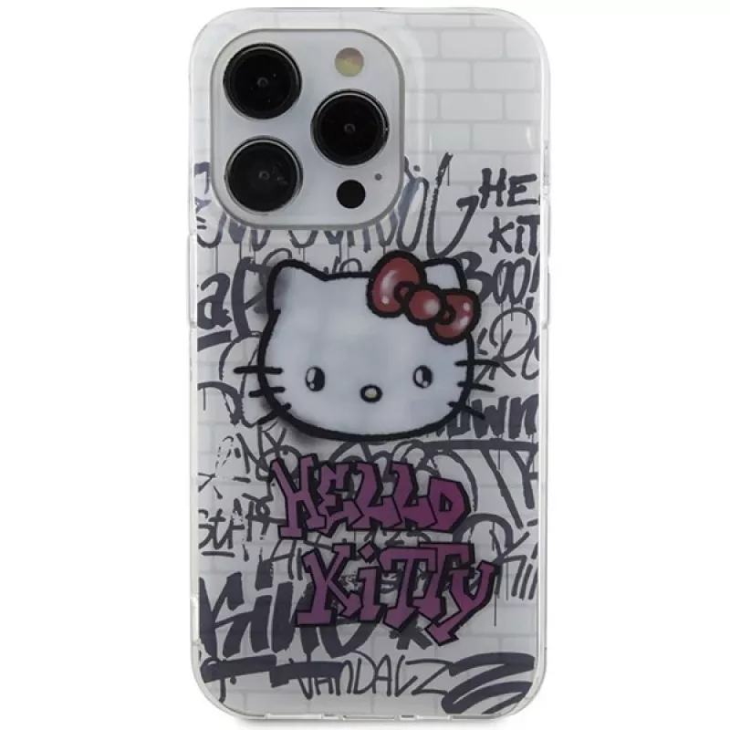 Capa rígida Hello Kitty HKHCP14LHDGPHT para iPhone 14 Pro IML Kitty On Bricks Graffiti - branco