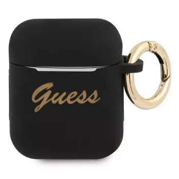 Capa Guess GUA2SSSK para AirPods 1/2 preta silicone Vintage Script