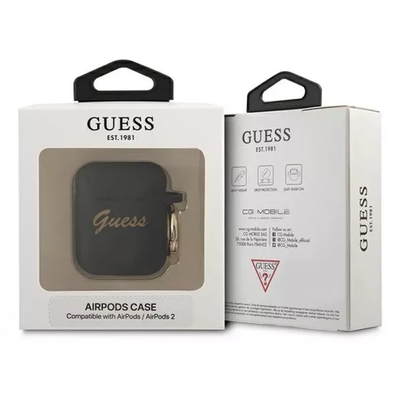 Capa Guess GUA2SSSK para AirPods 1/2 preta silicone Vintage Script