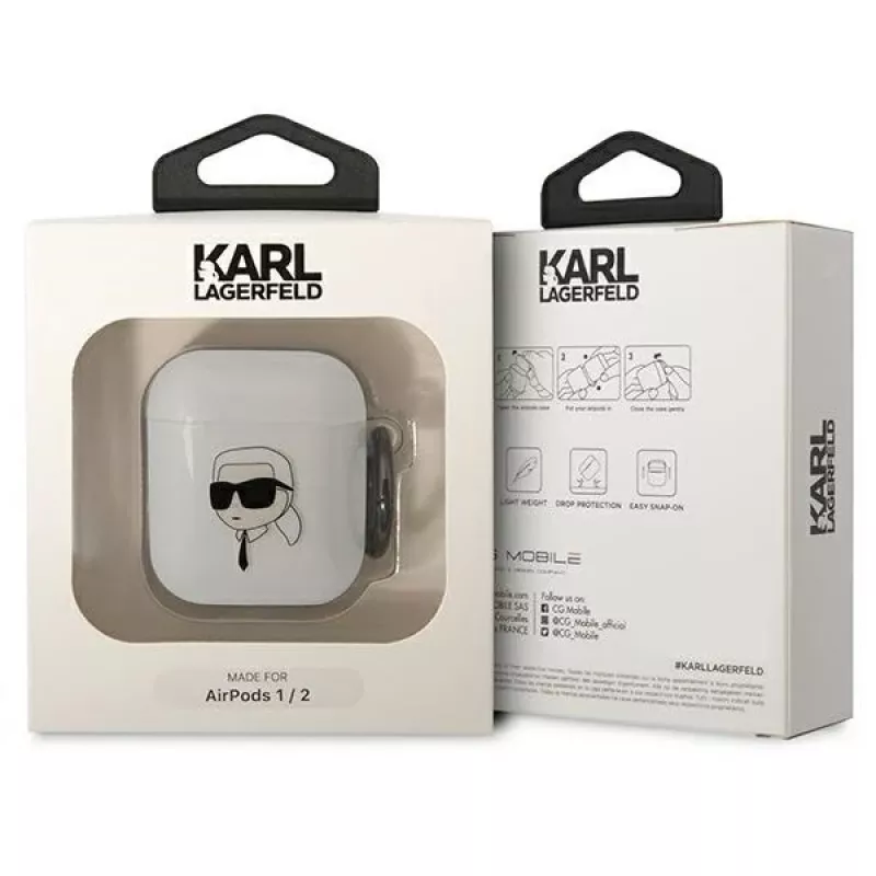 Capa transparente Karl Lagerfeld KLA2HNIKTCT para AirPods 1/2 com design Karl's Head