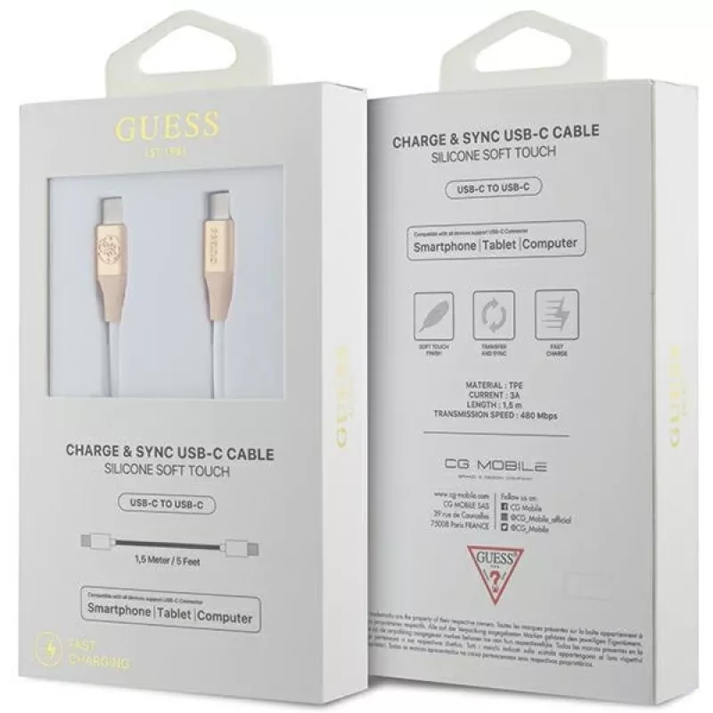 Cabo USB-C para USB-C GUESS GUCCLALRGDD 1,5 m carregamento rápido dourado-claro logótipo em relevo