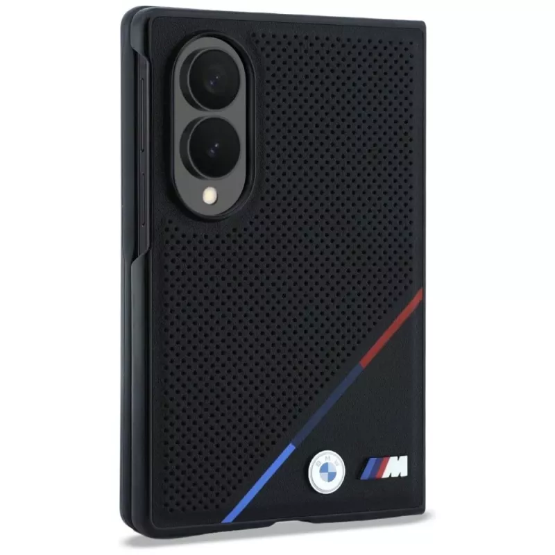 Capa MagSafe BMW M Leather Perforated Tricolor Stripes Metal Logos para Samsung Galaxy Z Fold8 - preto
