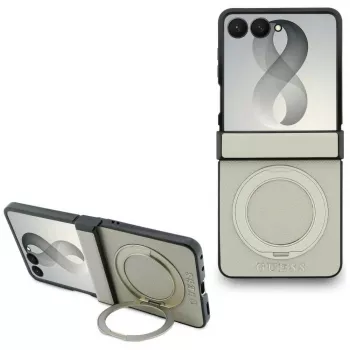Capa MagSafe Guess Magnetic Ring Stand Grained Classic Logo para Samsung Galaxy Z Flip 8, Bege
