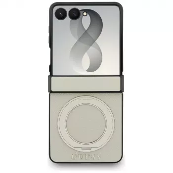 Capa MagSafe Guess Magnetic Ring Stand Grained Classic Logo para Samsung Galaxy Z Flip 8, Bege