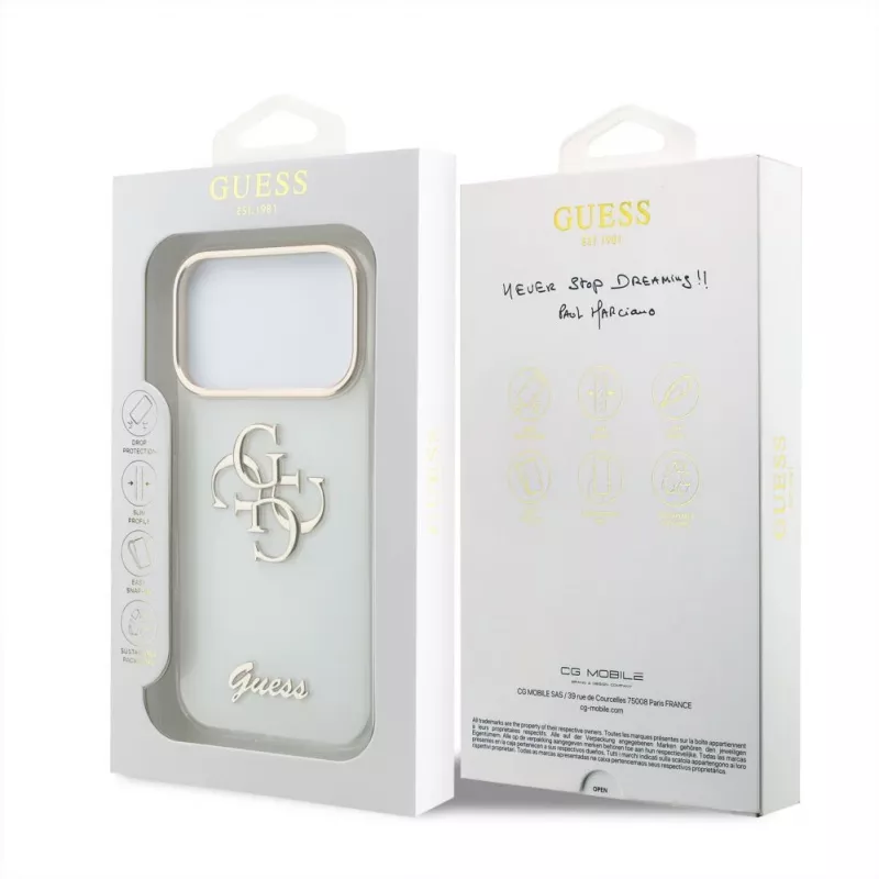 Capa protetora GUESS 4G Script Metal para iPhone 18 Pro Max / 17 Pro Max - Branco