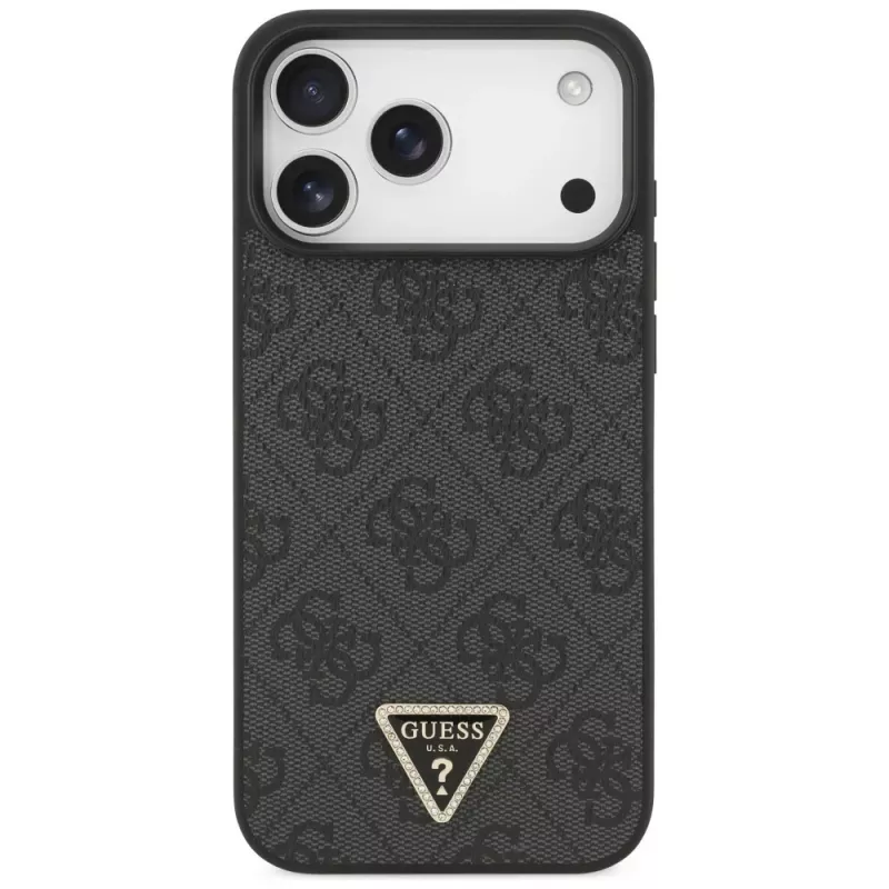 Capa MagSafe GUESS em pele 4G Triangle Strass para iPhone 18 Pro Max / 17 Pro Max - Preto