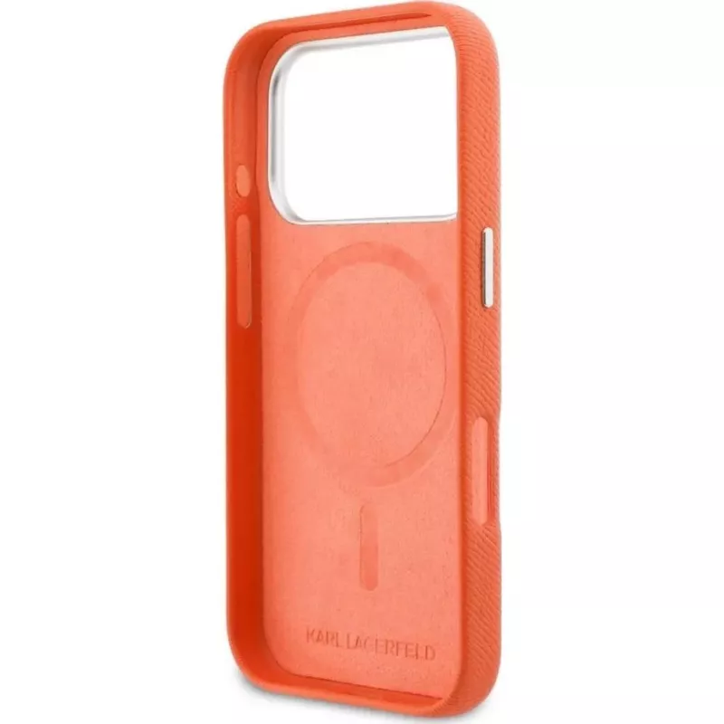 Capa MagSafe Karl Lagerfeld Karl & Choupette Head Pins Saffiano para iPhone 17 Pro Max – Laranja