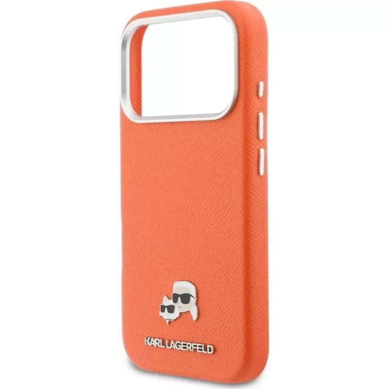 Capa MagSafe Karl Lagerfeld Karl & Choupette Head Pins Saffiano para iPhone 17 Pro Max – Laranja