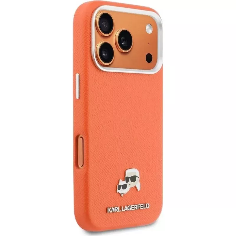Capa MagSafe Karl Lagerfeld Karl & Choupette Head Pins Saffiano para iPhone 17 Pro Max – Laranja