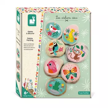 Conjunto criativo de pintura em pedras Janod – 6 pedras naturais, 6 tintas acrílicas, 2 pincéis, purpurina, olhos móveis, autocolantes – a partir dos 6 anos