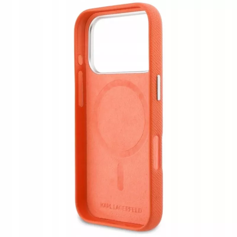 Capa MagSafe Karl Lagerfeld Karl & Choupette Head Pins Saffiano para iPhone 17 Pro - Laranja
